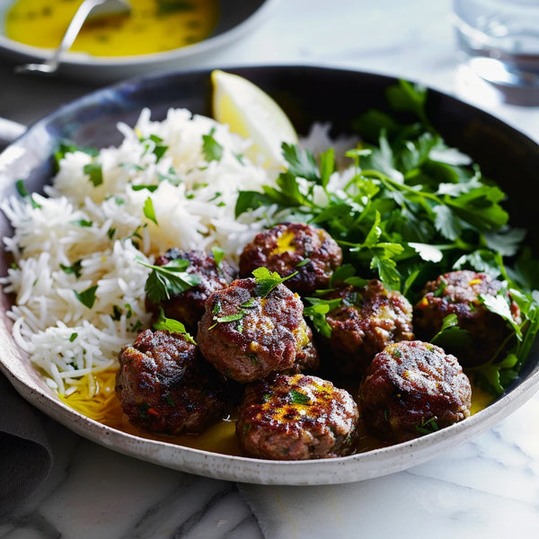 Kufta with steamed rice and salad