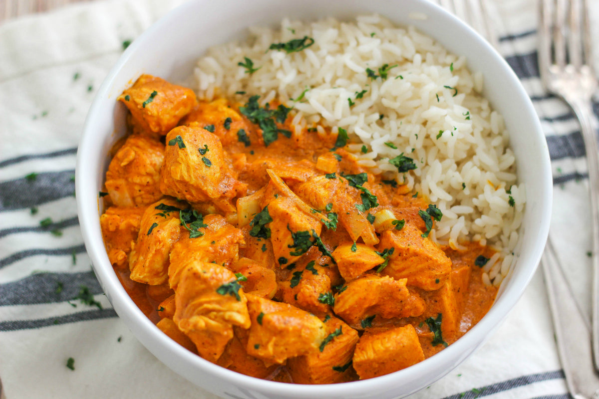 Butter chicken over steamed rice
