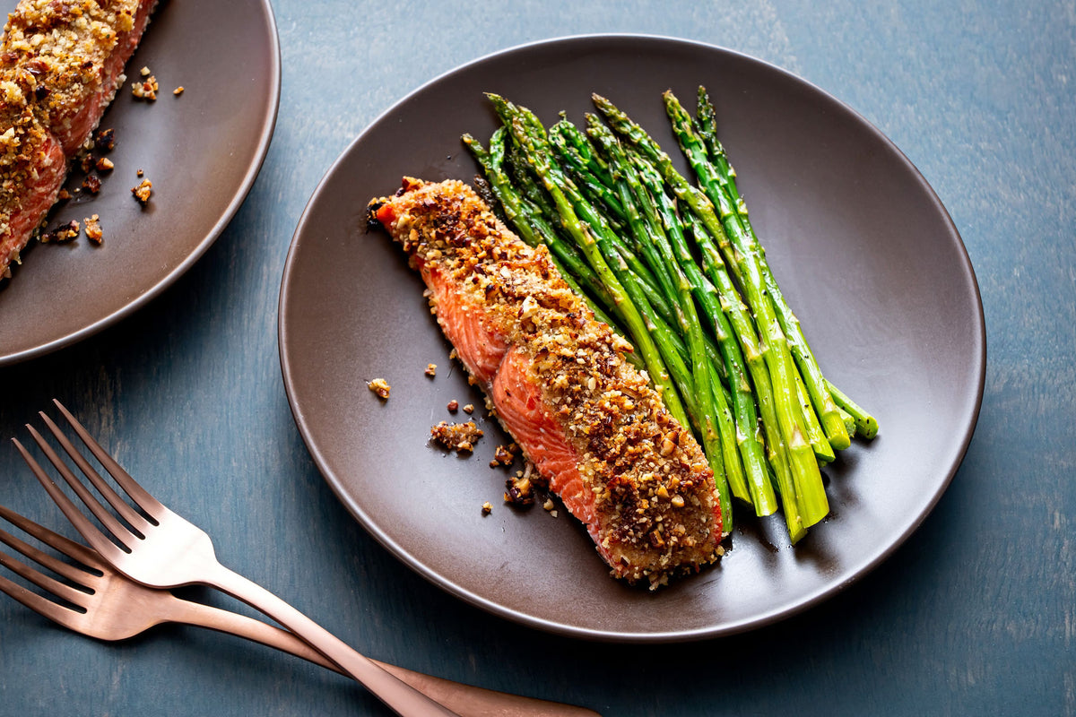 Honey glazed salmon over steamed and asparagus
